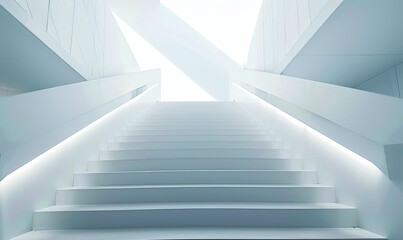 A modern, white staircase with a bright, white light at the top.