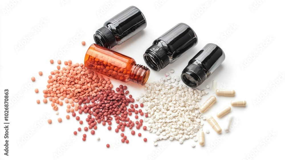 Aufkleber scattered capsules and bottles on a clean surface generative ai