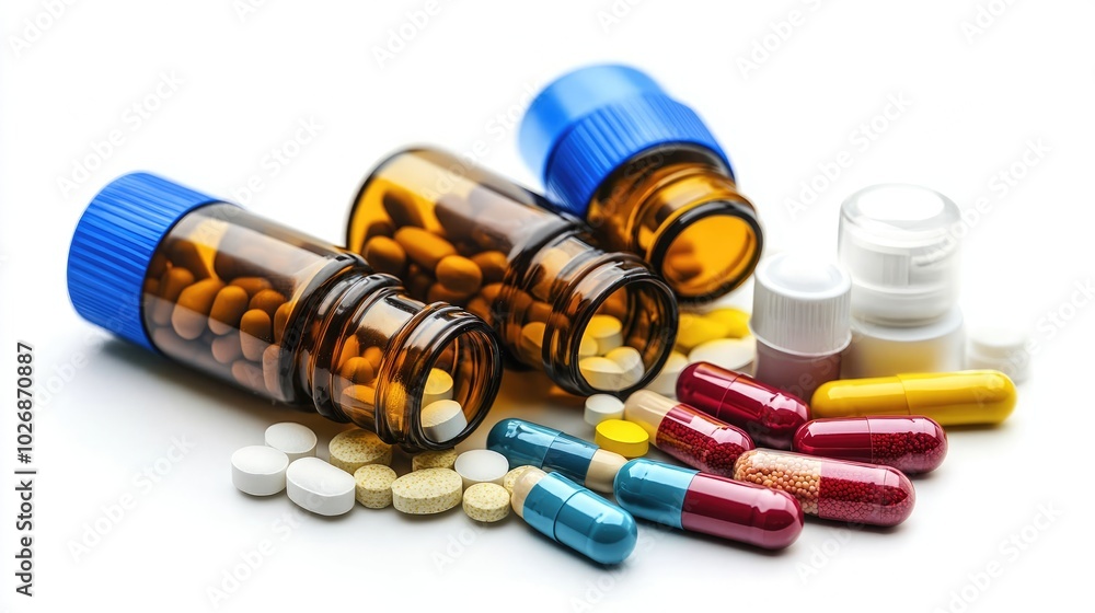 Poster scattered capsules and bottles of various medications on a surface generative ai