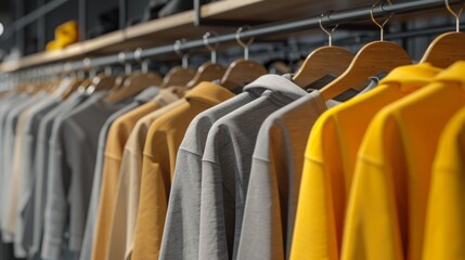 Obraz premium Hoodies of different colors and styles on clothes rack hangers in a modern clothing store or outdoor market, close-up