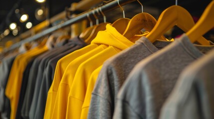 Hoodies of different colors and styles on clothes rack hangers in a modern clothing store or outdoor market, close-up