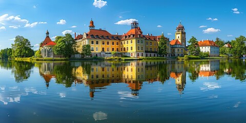 A stunning panoramic view of a historic castle reflecting in a calm lake with a bright blue sky.