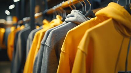 Fototapeta premium Hoodies of different colors and styles on clothes rack hangers in a modern clothing store or outdoor market, close-up