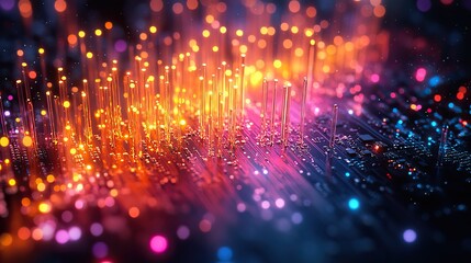 Fototapeta premium Fiber optic cables create a vibrant backdrop against a computer motherboard, symbolizing the core of modern communication networks.
