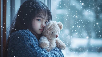Sad Kid cuddle teddy bear sitting near window and snow fall in the morning,alone kid looking snowflakes with sad face,Mental health child,parental mistakes in raising children.