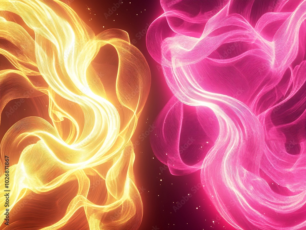 Poster Abstract background with two colors of swirling light against a dark background.