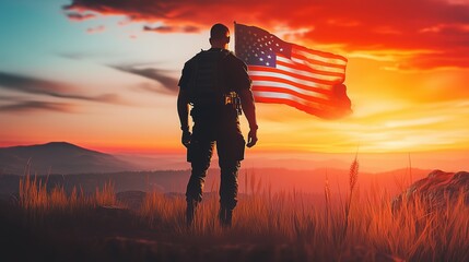 Epic cinematic shot of an American soldier standing tall in the grass at sunset, with the American flag waving dramatically behind him against a vibrant red and orange sky. Hyper-realistic lighting an
