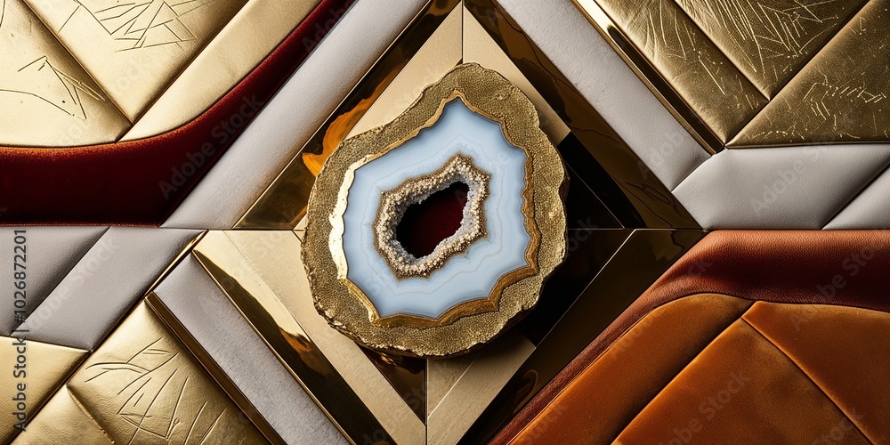 Canvas Prints Geode crystal on a textured gold and leather background.