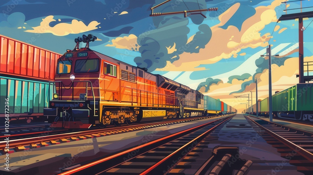 Poster a freight train is actively being loaded with containers at a railway station, surrounded by vibrant