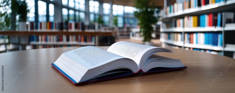 Poster open book on table in modern library environment
