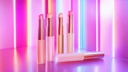 Obraz premium Pink lip gloss tint with color shading pallete smudge gel,Liquid lipsticks with smudge stroke paint,makeup cosmetic lips, product mockup for beauty fashion business,sale,swatch color,template.