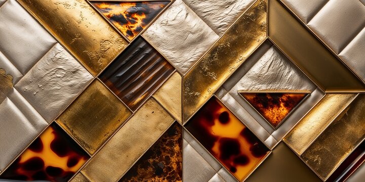 Abstract geometric pattern of gold, silver, and tortoiseshell tiles.