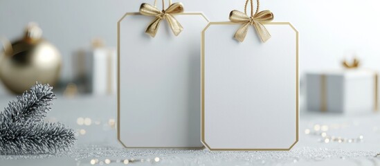 Design a 3D render of a Christmas gift tag with a gold border, customizable for personal use.