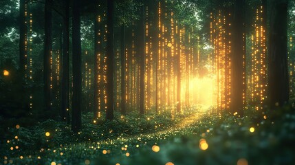 Green technology and ecological networks are depicted in a futuristic digital forest, highlighting environmental sustainability in a tech-driven world.