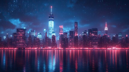 Fototapeta premium Holographic representation of AI and neural networks over New York City skyline, emphasizing the integration of advanced technologies.