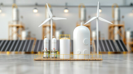 Futuristic green hydrogen plant with wind turbines and solar panels, showcasing sustainable energy solutions and innovative technology in modern industrial setting