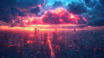 Obraz premium Illustration of network technology integrating cityscape, IoT, and cloud computing, reflecting modern urban connectivity.