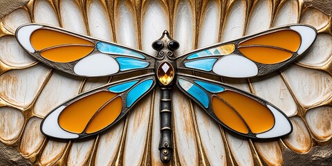 Closeup of a beautiful dragonfly with stained glass wings on a gold background.