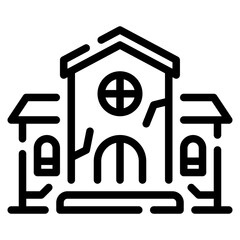 A minimalistic illustration of an abandoned house, depicting a rustic charm with its broken features and unique design.