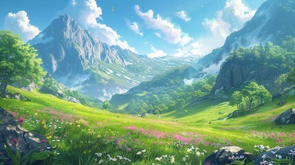 Fototapeta premium Beautiful and Fresh Landscape Background Picture - a captivating and serene visual. The beautiful and fresh landscape creates an enchanting and peaceful scene.