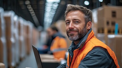 Managers working on computers and laptops during a meeting in a distribution warehouse.