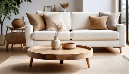 Round wood coffee table against white sofa. Scandinavian home interior design of modern living room.