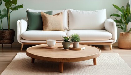 Round wood coffee table against white sofa. Scandinavian home interior design of modern living room.
