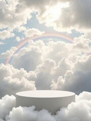Cloud podium bathed in sunlight after rain, with a vibrant rainbow stretching across the sky.