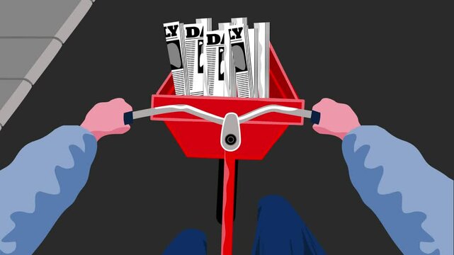 An animation showing the point of view of a paperboy riding a bicycle while delivering newspapers on the street