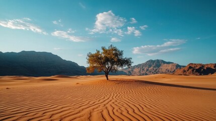 Solitary Tree in Desert Landscape Under Blue Sky