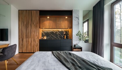 Wooden wardrobe with black marble doors in scandinavian style interior design of modern bedroom.