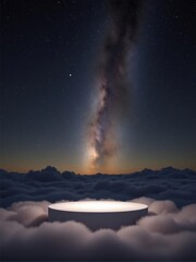 Cloud podium set beneath the Milky Way in a calm, starry night, perfect for dreamy product displays