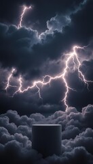 An intense cloud podium in a stormy sky lit by lightning strikes, ready for bold product displays