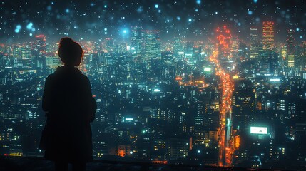 Night city panorama enhanced with network holograms, illustrating the fusion of urban landscapes and digital connectivity.