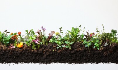 a photo of the edge of a soil with an array of different plants coming out of it, right at the bottom of image