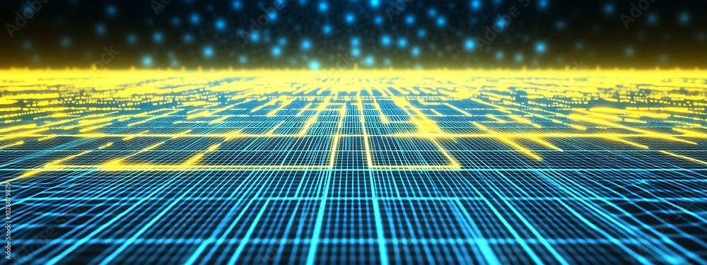 Poster abstract blue and yellow grid pattern with blurred lights.