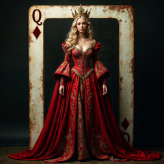 Obraz premium a beautiful woman in a medieval-style dress with a crown on her head, standing in front of a square frame.