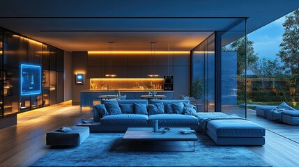The interior of a modern AI-augmented reality smart home showcases components managed by an integrated system.