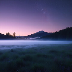 Fototapeta premium 4K Anime Nature Wallpaper: Tranquil Mountain Meadow at Dawn with 35mm Lens Photography
