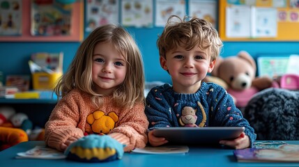 Fototapeta premium Two kindergarten children use a tablet and stylus at their classroom desk, depicting interactive digital learning in a modern educational setting.