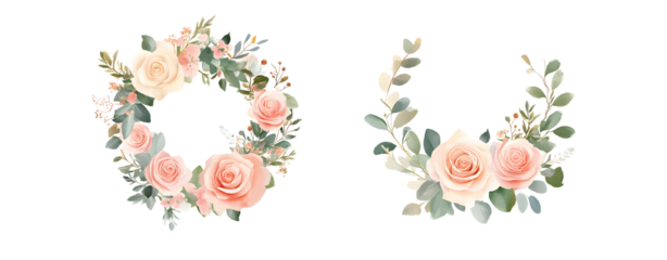 Set of cute watercolor floral wreaths isolated on a transparent background, PNG, with pastel peach-colored roses and green leaves. 