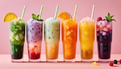 Fototapeta premium Colorful assortment of iced beverages in tall glasses with straws. Perfect for a summer refreshment.
