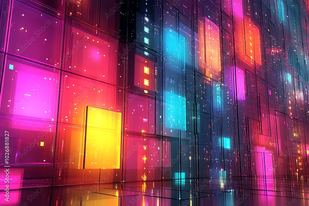 Aufkleber Abstract colorful glowing square tiles with depth and reflection, creating a futuristic pattern.
