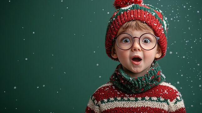 A surprised young boy in festive Christmas attire exudes joy and excitement, perfect for holiday-related content.