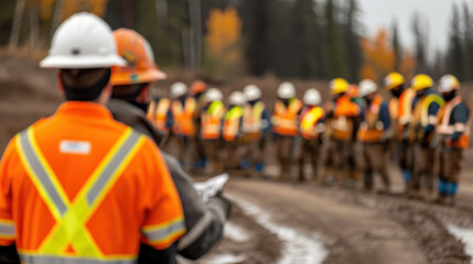 Safety officers lead toolbox talk with group of workers in safety gear, emphasizing importance of safety protocols in construction environment