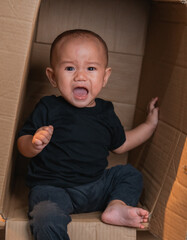 Fototapeta premium A very distressed baby is residing inside a cardboard box, vividly expressing a range of emotions