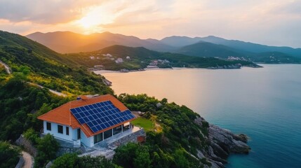 Fototapeta premium Scenic Solar Energy Installation by the Sea