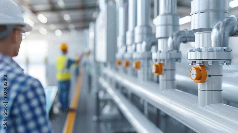Aufkleber efficient industrial setup featuring advanced piping systems and valves, showcasing worker in safety