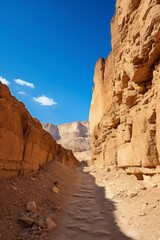 Fototapeta premium A dirt road winding between rocky cliffs in a desert landscape.