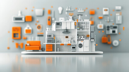 modern kitchen interior featuring stylish arrangement of appliances and furniture in vibrant orange and white color scheme. design showcases blend of functionality and aesthetics, creating cheerful